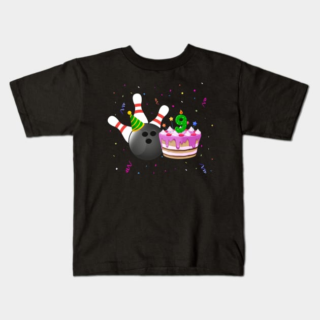 Bowling 9th Birthday Bday Party Kids 9 years Old Bowler Kids T-Shirt by Msafi